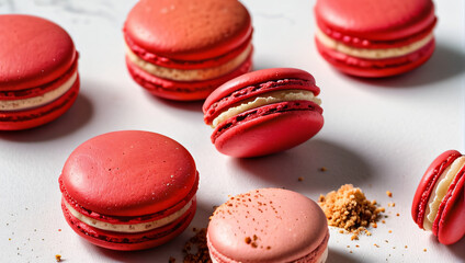 macarons de nuances rouges sur une surface blanche
