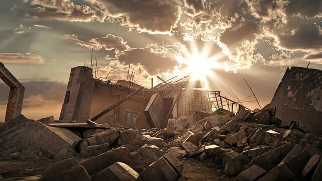 Going through ruined city street in a sunset over a war-torn landscape
