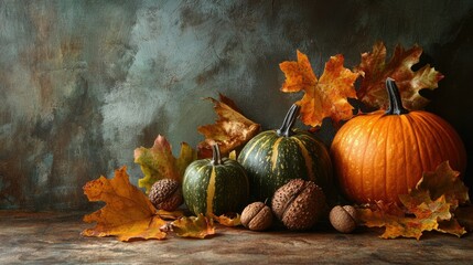 Elegant fall still life featuring mixed pumpkins, acorns, and warm-toned leaves.