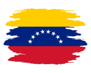 Distressed flag Venezuela. Flag Venezuela with grunge texture. Independence Day. Banner, poster template. State flag Venezuela with coat arms. Brush-drawn flag the Republic Venezuela.