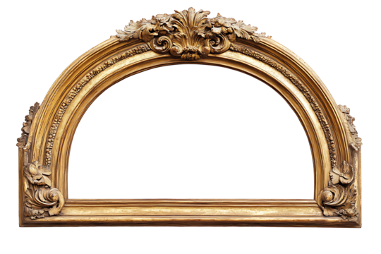 Ornate golden half arch frame with floral and scroll details on a black background for decoration use
