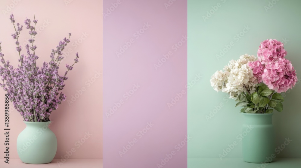 Poster fresh flower arrangements in pastel vases against soft colored backgrounds creating a serene atmosph