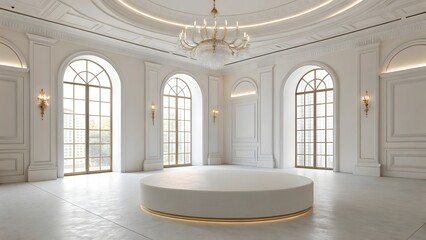Elegant White Interior with Circular Platform and Grand Windows