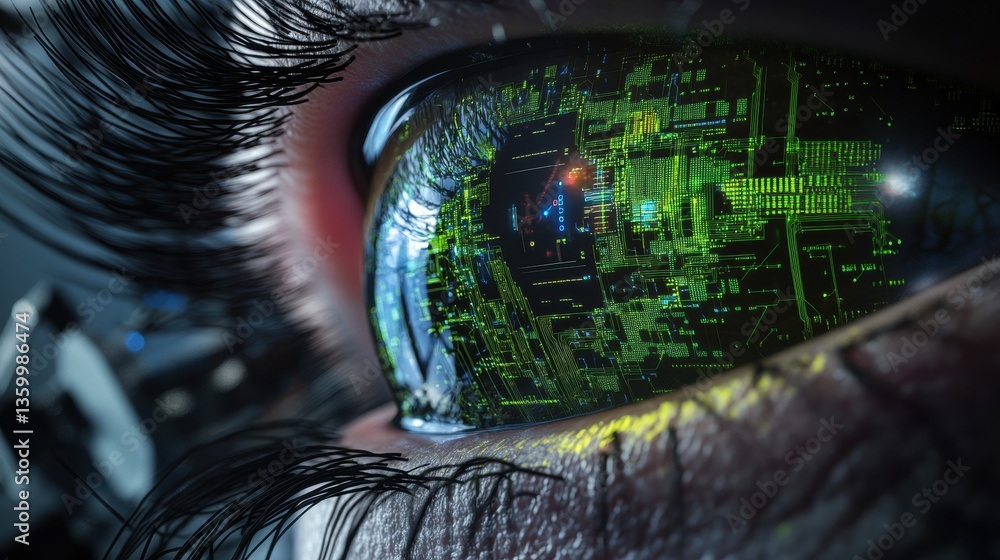 Poster close-up of a human eye showcasing reflection of intricate green circuit board pattern symbolizing f