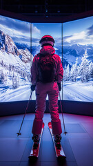High-Tech Ski Simulator with VR Headset and Snowy Mountain Scenery &ndash; Immersive Winter Experience - vertical format