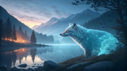 Ethereal Wolf Spirit by Tranquil Lake Surrounded by Majestic Mountains