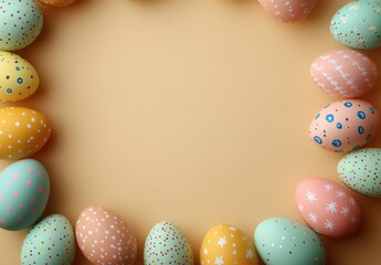 Colorful Easter Eggs Arranged in a Circular Frame on a Soft Neutral Background for Spring Celebrations and Festive Occasions