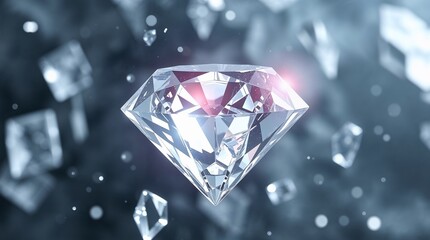 Brilliant diamond surrounded by floating reflections and scattered gems