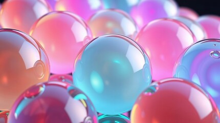 Colorful bubbles arranged together with iridescent surfaces reflecting light