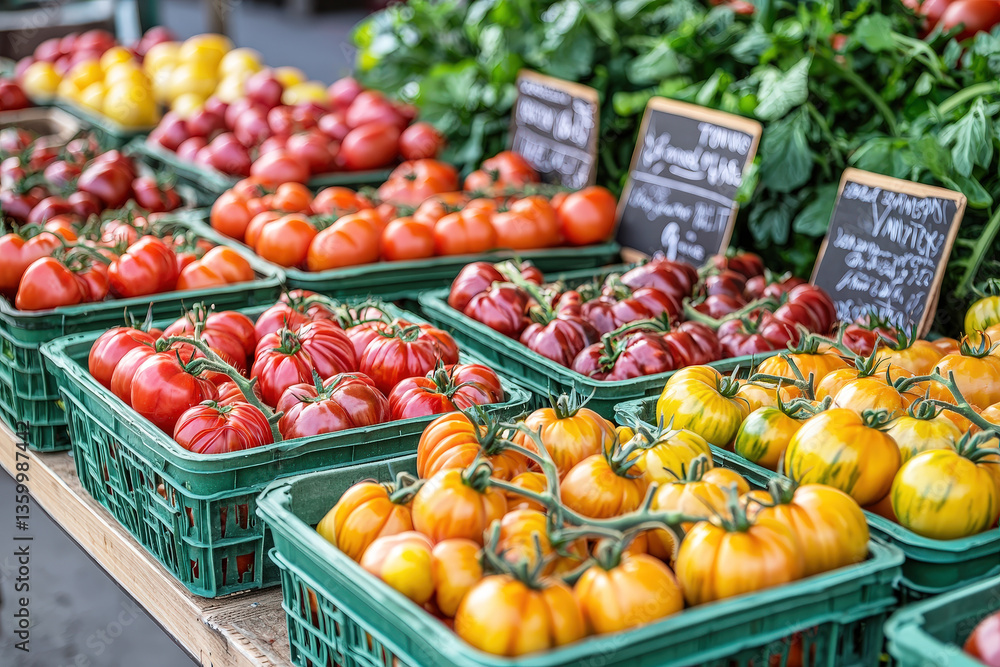 Poster colorful heirloom tomatoes of various shapes and sizes arranged in baskets at a bustling farmer\'s m