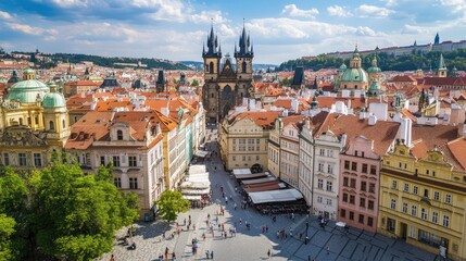 Fototapeta premium Scenic Overhead View of Prague with Cityscape and Historic Architecture