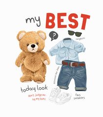 best slogan with cute bear doll dress up vector illustration created by hand drawn
