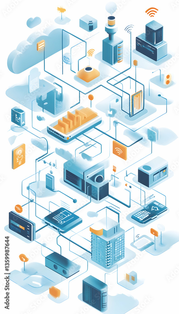 Poster cloud technology concept with devices connected to digital storage, symbolizing iot and smart home c