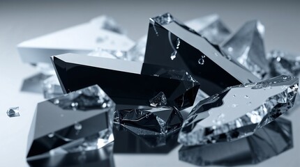 Scattered transparent and black crystals with water droplets on a reflective surface
