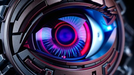 Futuristic robotic eye design with vibrant colors and intricate details