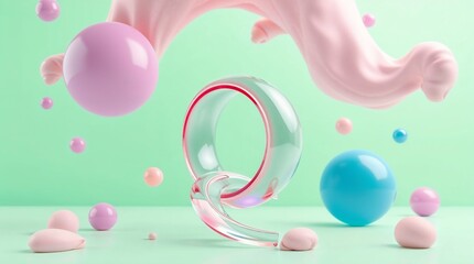 Colorful abstract composition with a transparent ring and floating spheres on a pastel background