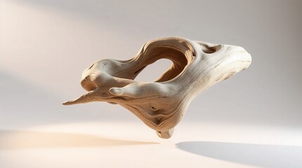 Sculptural piece of driftwood floating in a soft light setting