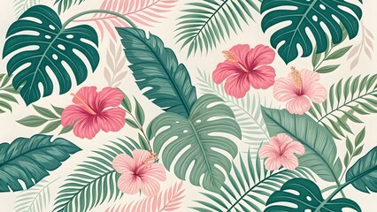 Vibrant Tropical Botanical Pattern with Hibiscus and Palm Leaves