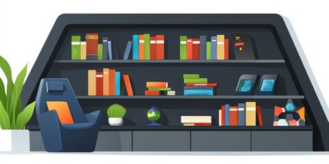 Modern Home Office Interior with Dark Gray Bookshelf and Comfortable Armchair