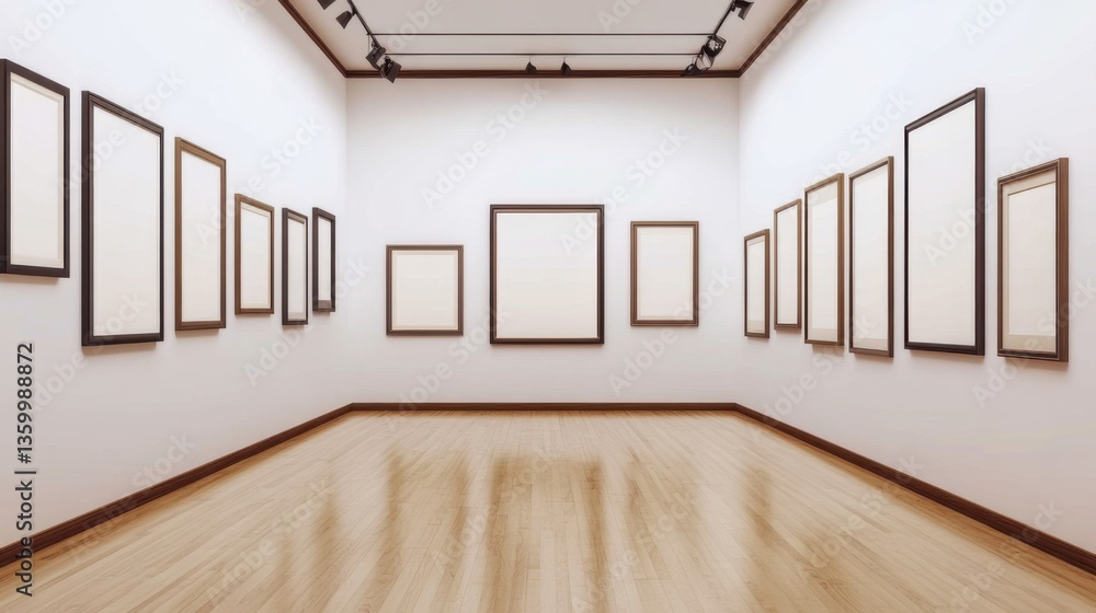 Poster minimalist art gallery featuring multiple empty frames in a spacious interior setting