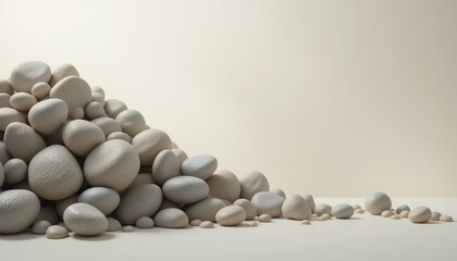 Natural stone pebbles piled in a minimalist studio environment close-up photography soft lighting and neutral background for aesthetic appeal