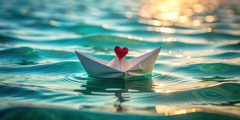 Fototapeta premium A tiny paper boat with a small red heart afloat on calm, sunlit water