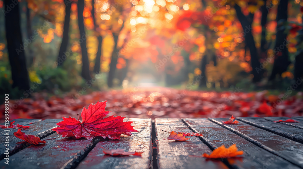 Poster a serene wooden pathway is covered with colorful autumn leaves scattered under bright trees in a tra