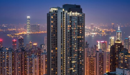 Fototapeta premium Night view of a densely populated urban cityscape with illuminated towers.