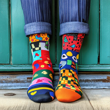 Quirky mismatched socks add playful touch, bringing wave of carefree happiness. These socks evoke sense of fun and imagination with their bold colors