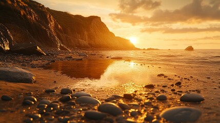 Sunset over a rocky beach with ocean waves and cliffs.