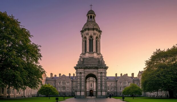 Scenic view of Trinity College, Dublin at dusk; historic, tranquil. - Powered by Adobe