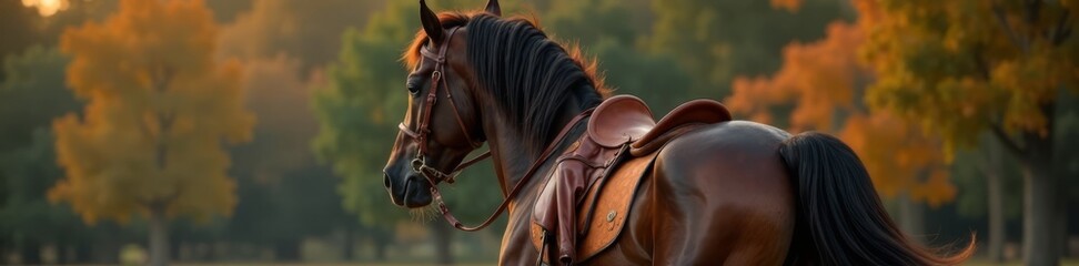 Dark bay horse's rear view with rider in leather saddle, showcasing flowing mane and tail, equestrian event , leather saddle