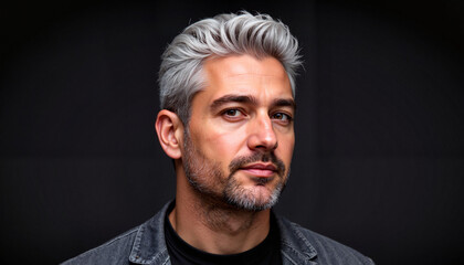 Fototapeta premium Confident man with gray hair posing against a dark background 