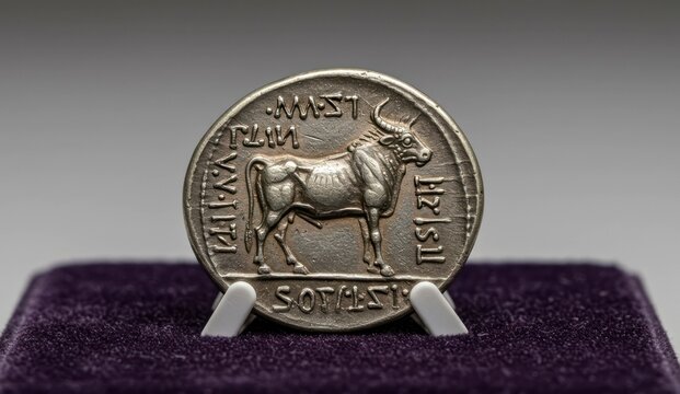 Macro image of an ancient silver coin featuring a bull depiction.
