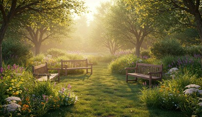 Obraz premium Peaceful garden with benches surrounded by flowers and trees in sunlight.