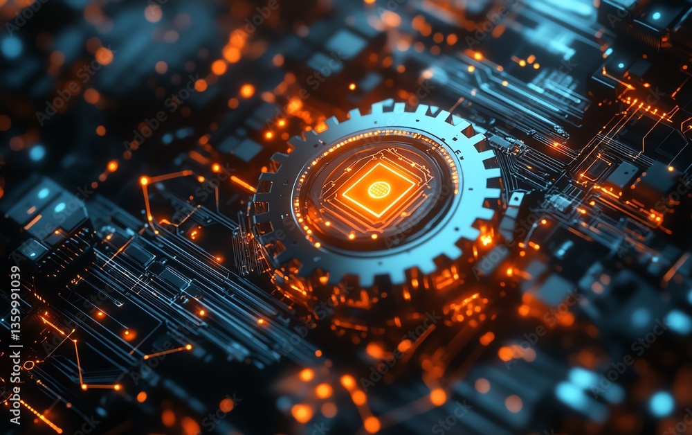 Poster interconnected gears and advanced digital circuitry, representing the seamless integration of busine