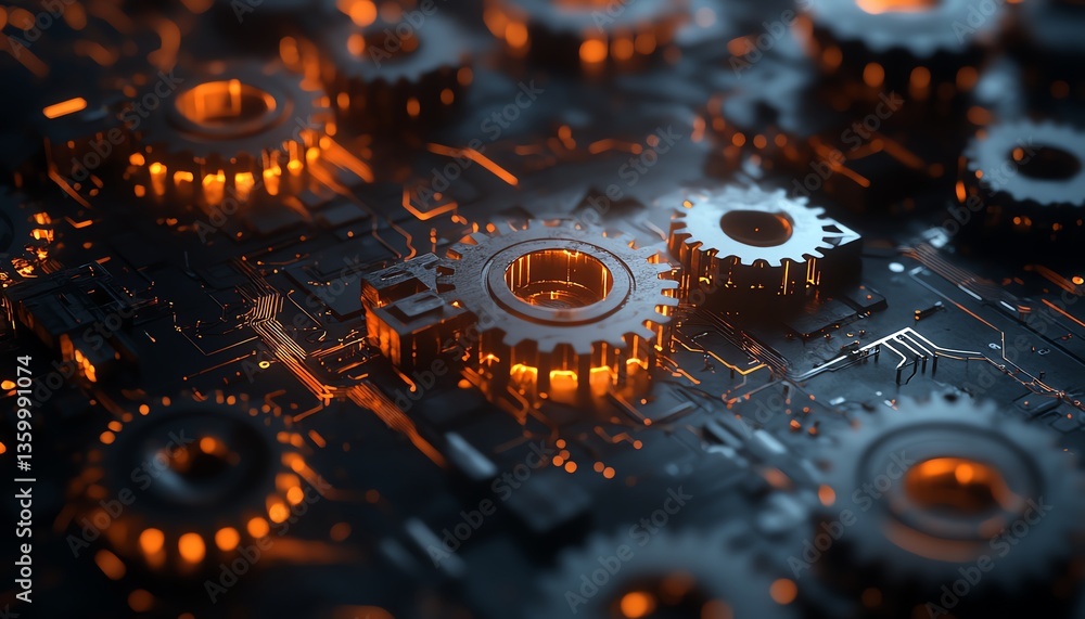 Poster interconnected gears with glowing circuitry patterns, representing the synergy of technology and bus