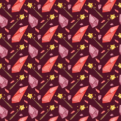 Seamless pattern with hand-drawn watercolor illustrations. Diamonds, gems, magic. Texture for wrapping paper, fabric.