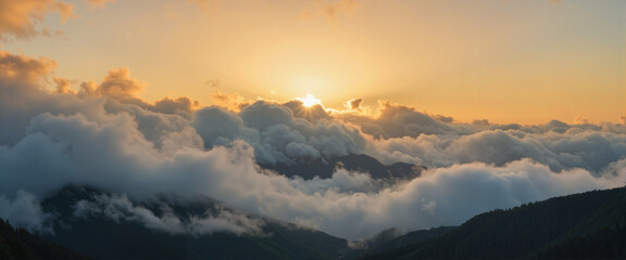 Dramatic sunset over misty mountain range, serene nature landscape