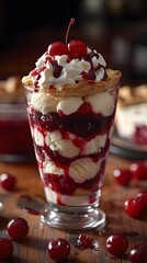 Cherry Dessert Delight: A mouthwatering cherry dessert, layered with creamy vanilla ice cream, rich cherry compote, a dollop of whipped cream, and topped with fresh cherries.