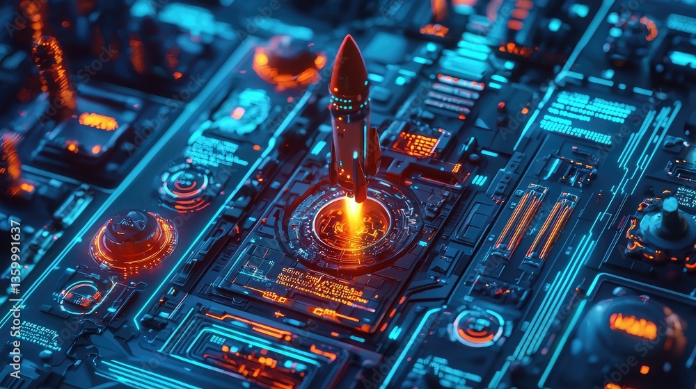 Poster 3d rendering of a futuristic rocket launching from a digital startup interface.
