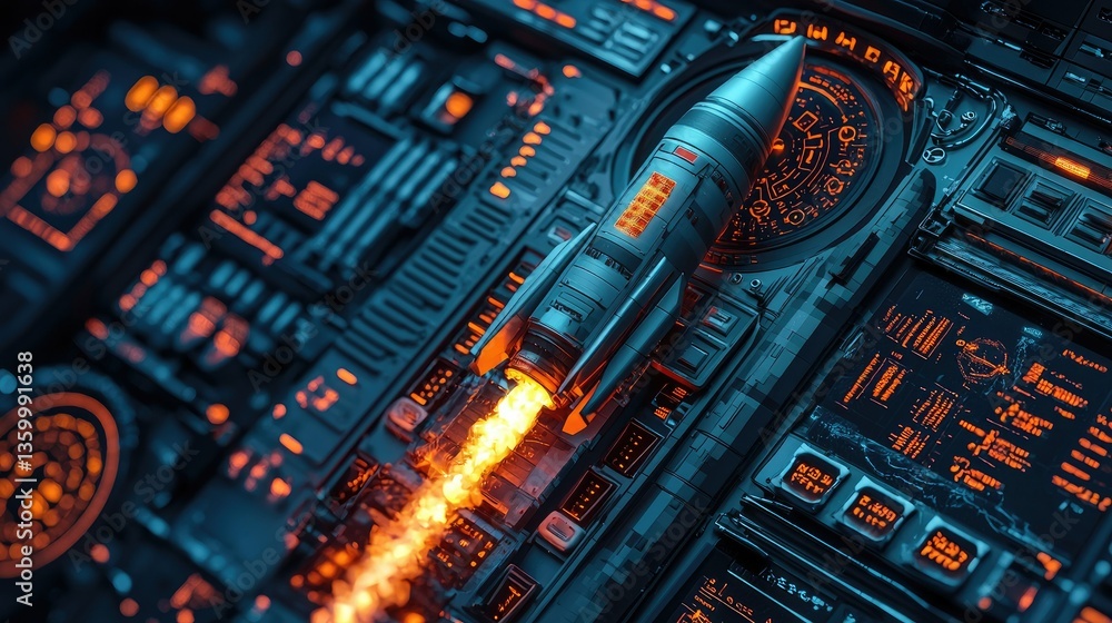 Poster 3d rendering of a futuristic rocket launching from a digital startup interface.