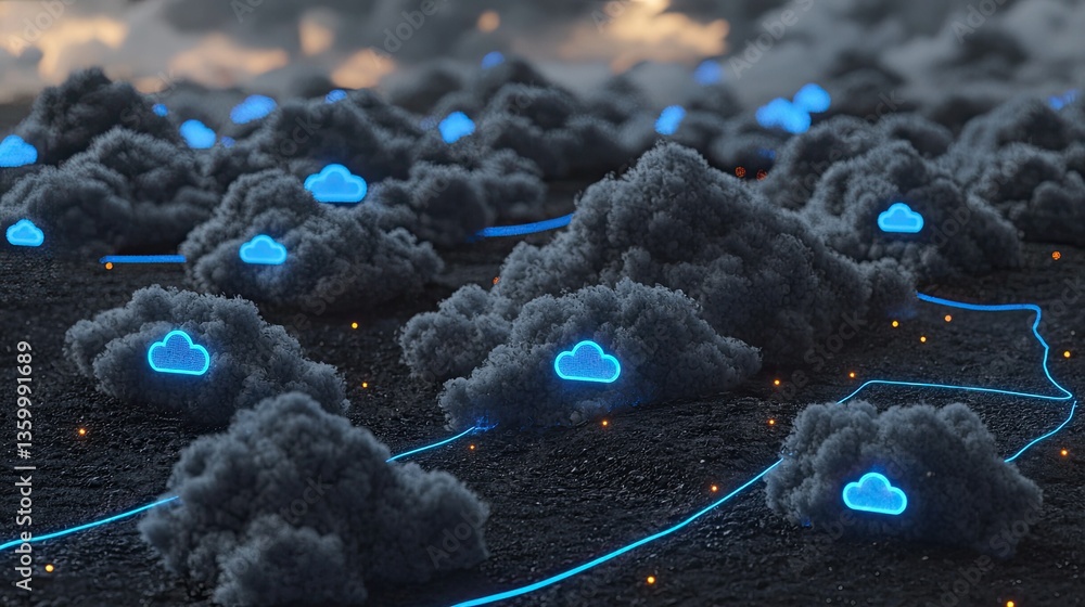 Poster 3d rendering of cloud computing storage with glowing blue data transfer lines.