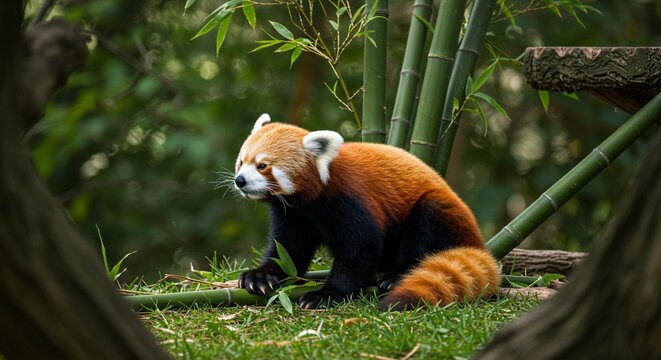 A beautiful red panda is resting among green bamboo trees