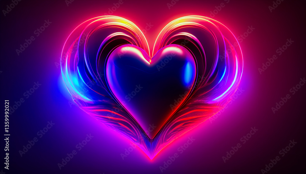 Poster vibrant heart design with glowing colors and abstract shapes in a dark background