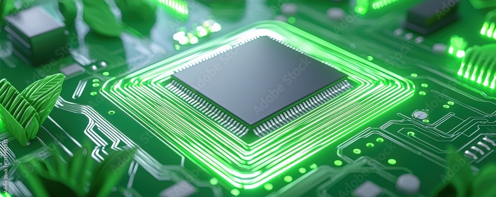 Poster a close-up view of a circuit board featuring a central processing unit illuminated by green light, s