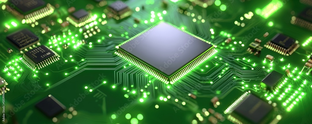 Poster a close-up view of a green circuit board featuring a central processing unit and illuminated pathway