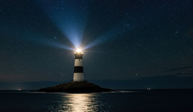 Striking lighthouse under a starry night sky, guiding ships across the ocean.