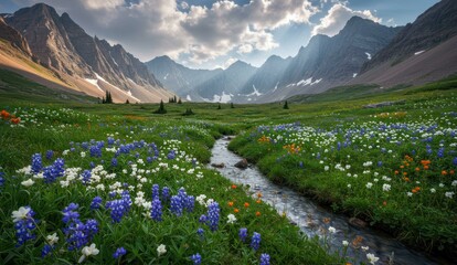 Majestic mountains overlook a vibrant flower-filled meadow with a flowing stream.