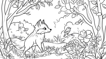 Fox and bird in serene forest, spring scene, coloring page